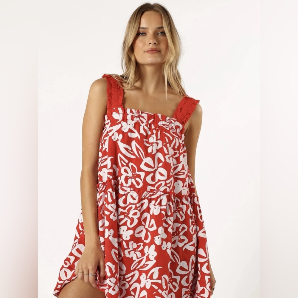 Petal And Pup Women’s Elena Mini Red Floral Linen Cotton Dress Size Large